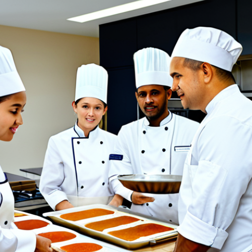Home 4 A diverse group of professional chefs from various cultural backgrounds, fully clothed in crisp, modest chef's jackets and aprons, collaborating harmoniously in a spacious, immaculately clean, modern kitchen. They are engaged in different culinary tasks, with one chef thoughtfully sharing a technique while another observes intently, showcasing a spirit of learning and teamwork. The environment is well-lit and organized, conveying efficiency and mutual respect. perfect anatomy, correct proportions, natural pose, well-formed hands, proper finger count, natural body proportions, professional photography, high quality, safe for work, appropriate content, fully clothed, professional dress, family-friendly.
