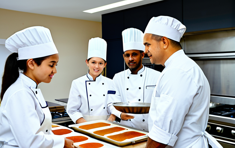 A diverse group of professional chefs from various cultural backgrounds, fully clothed in crisp, modest chef's jackets and aprons, collaborating harmoniously in a spacious, immaculately clean, modern kitchen. They are engaged in different culinary tasks, with one chef thoughtfully sharing a technique while another observes intently, showcasing a spirit of learning and teamwork. The environment is well-lit and organized, conveying efficiency and mutual respect. perfect anatomy, correct proportions, natural pose, well-formed hands, proper finger count, natural body proportions, professional photography, high quality, safe for work, appropriate content, fully clothed, professional dress, family-friendly.