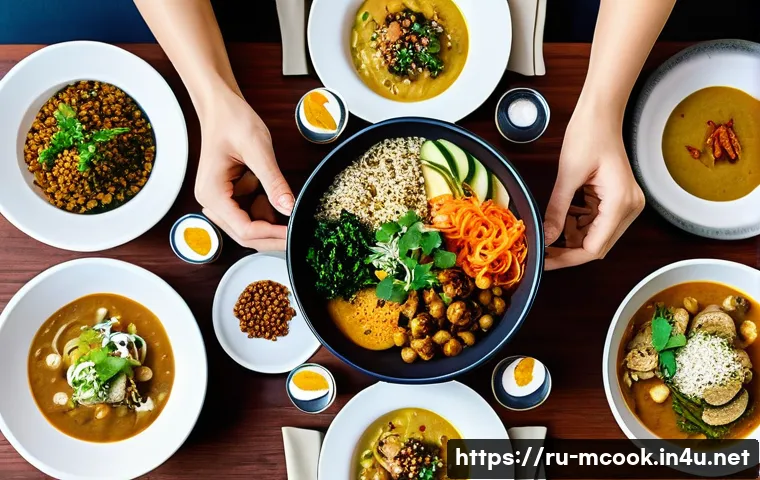 다문화 요리사와 비건 요리 - **A Vibrant Global Vegan Feast:**
A beautifully set dining table filled with an array of colorfu...