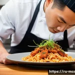 Home 22 다문화 요리사와 분자 요리법 - A sophisticated fusion cuisine scene in a modern upscale restaurant kitchen, featuring a professiona...