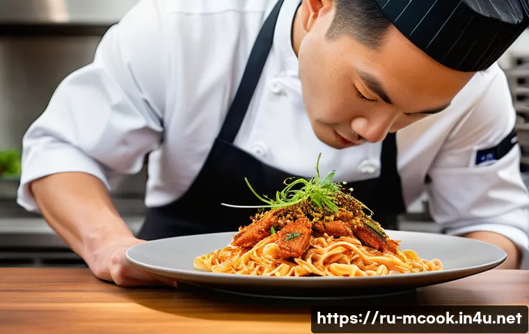 다문화 요리사와 분자 요리법 - A sophisticated fusion cuisine scene in a modern upscale restaurant kitchen, featuring a professiona...