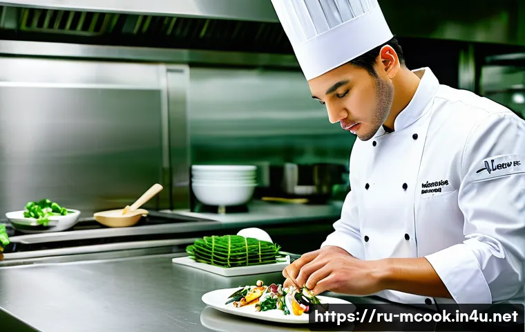 다문화 요리사의 연봉 비교 - A professional chef working in a high-end European restaurant kitchen, wearing a clean white chef&rsquo;s ...