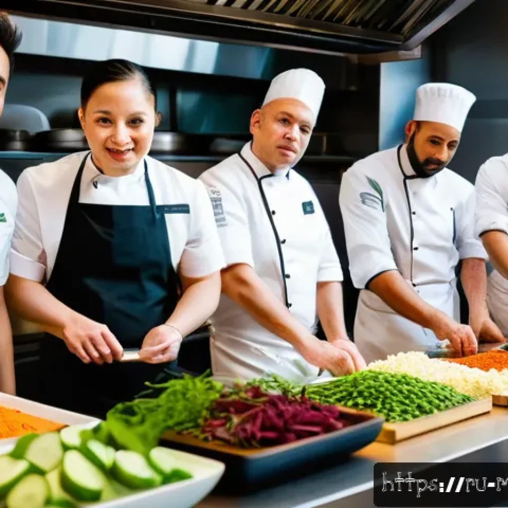 다문화 요리사 실무 사례 - A vibrant, modern restaurant kitchen scene featuring a diverse, multinational team of chefs collabor...