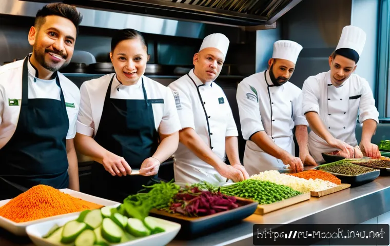 다문화 요리사 실무 사례 - A vibrant, modern restaurant kitchen scene featuring a diverse, multinational team of chefs collabor...