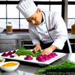Home 23 다문화 요리사의 요리 경연대회 준비 - Photorealistic documentary-style kitchen scene in Moscow, a multicultural chef with Central Asian an...