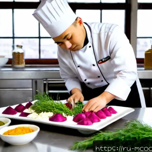 Home 17 다문화 요리사의 요리 경연대회 준비 - Photorealistic documentary-style kitchen scene in Moscow, a multicultural chef with Central Asian an...