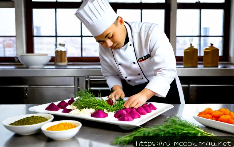 다문화 요리사의 요리 경연대회 준비 - Photorealistic documentary-style kitchen scene in Moscow, a multicultural chef with Central Asian an...