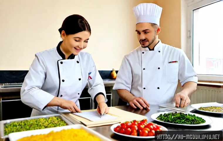Home 17 다문화 요리사 자격증 관련 FAQ - Photorealistic culinary certification consultation in a modern Moscow cooking school, a diverse adul...
